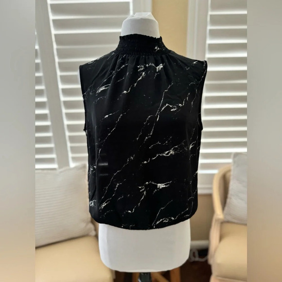 Express | Black Marbeled Sheer Smocked Neck Open Back Sleeveless Blouse - Size M - Picture 1 of 5
